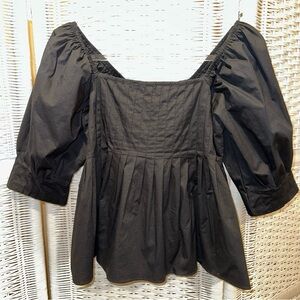 Pomander Place Tuckernuck Black Blouse Pleated Puff Sleeve Top Smocked Coastal S